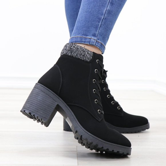 Nubuck Lug Chunky Heel Warm Lining Black Ankle Boots - Picture 4 of 12